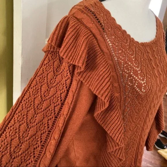 Chelsea & Violet Rust Ruffle Pointelle Sweater L - Picture 10 of 11